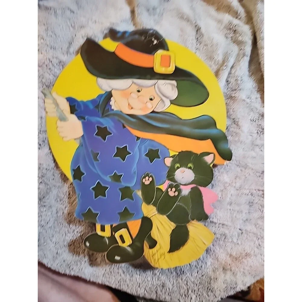 Vintage Halloween Witch on Broom Die Cut Flocked Velvet Double Sided Decoration